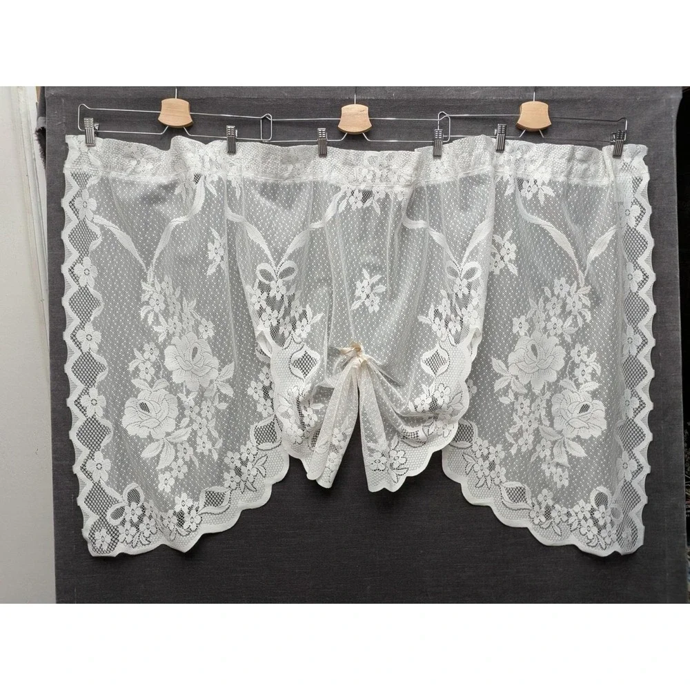 Vintage Cafe Curtain Lace Tiered Valance One Piece Bow Coquette Cottage Core
